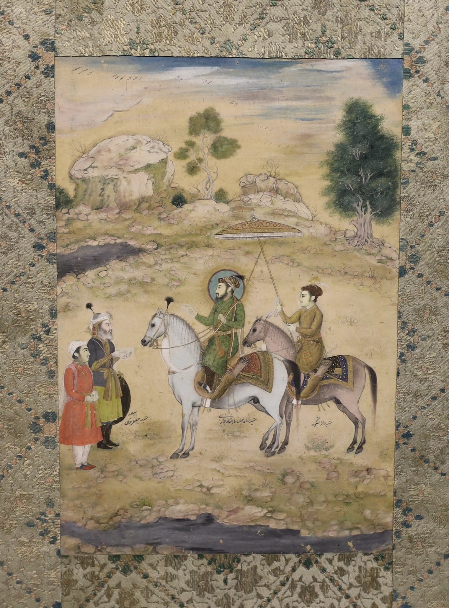 Indian School (early 19th century) , Shah Jahan and Prince Dara Shikoh on horseback speaking to his Grand vezier Jafar Khan, watercolour with gilding on paper, 22 x 15cm